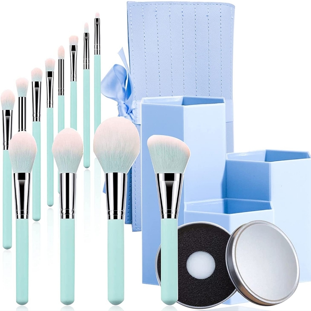 Makeup Brushes 12 PCs with container, bag and cleaning tray